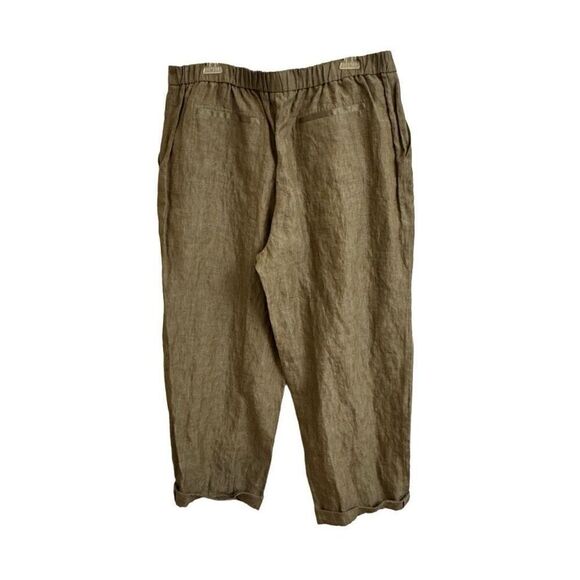 Lafayette 148 Linen Cuffed Cropped Pants Olive Green Elastic Waist XL - Picture 2 of 5